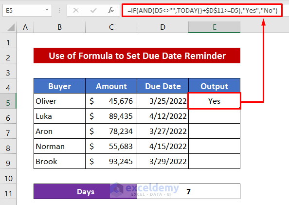 Combine TODAY, AND, and IF Functions to Set Due Date Reminder in Excel