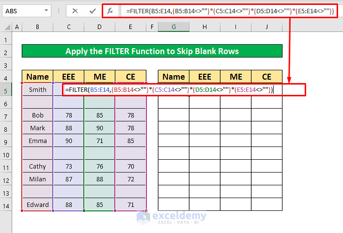 Perform the FILTER Function to Skip Blank Rows in Excel