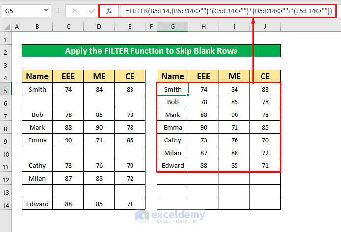 Perform the FILTER Function to Skip Blank Rows in Excel