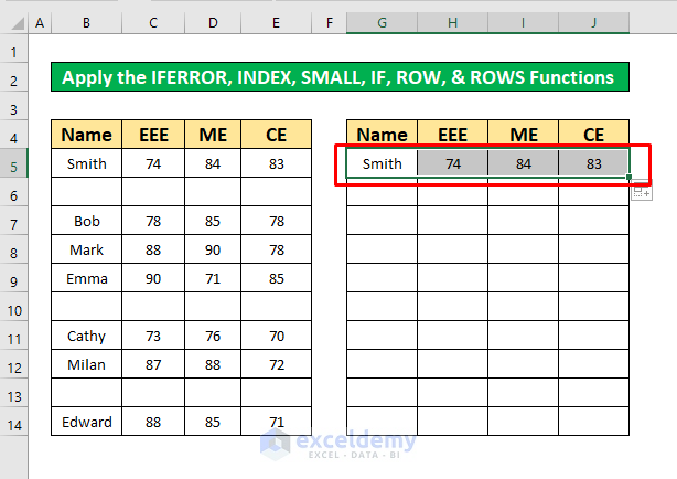 Combine the IFERROR, INDEX, SMALL, IF, ROW, & ROWS Functions to Skip Blank Rows