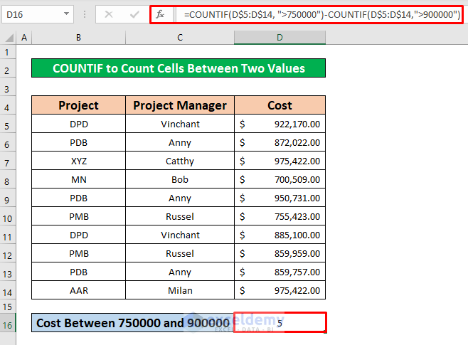 Apply the COUNTIF Function to Count Cells with Multiple Criteria in the Same Column Between Two Values in Excel