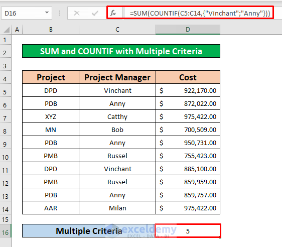 Combine the SUM and COUNTIF Functions with Multiple Criteria in the Same Column in Excel