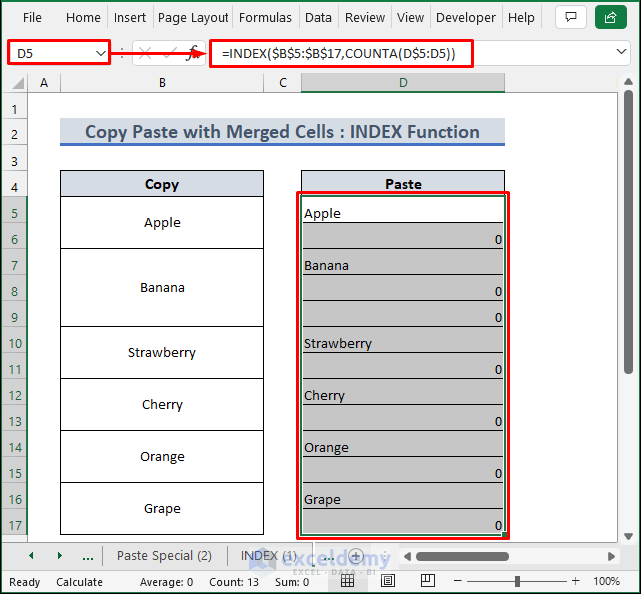 How to Copy and Paste in Excel with Merged Cells using INDEX Function
