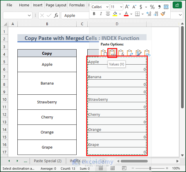 How to Copy and Paste in Excel with Merged Cells using Paste Special