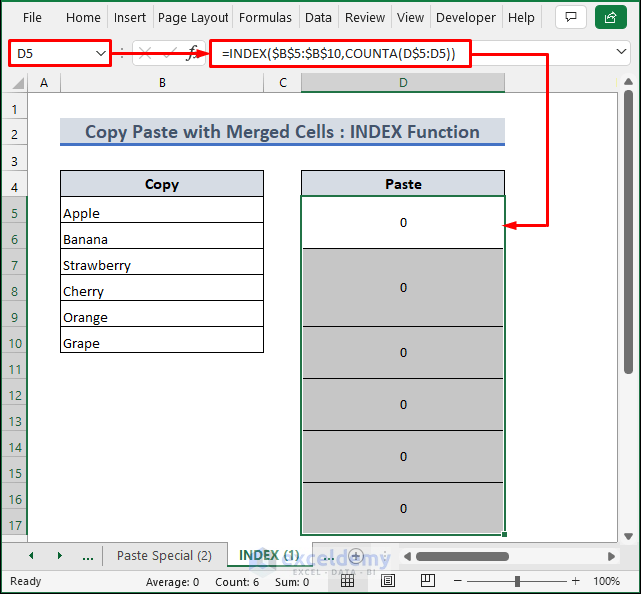 How to Copy and Paste in Excel with Merged Cells using INDEX Function