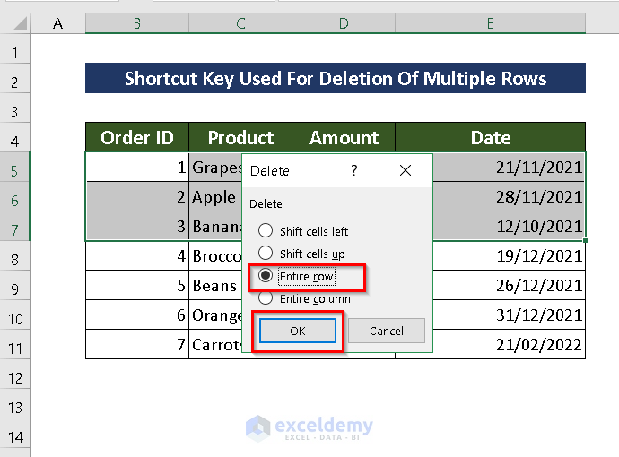 Use of Keyboard Shortcut to Delete Multiple Rows