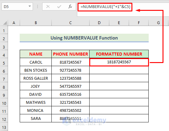 Using NUMBERVALUE Function to Format Phone Number with Country Code