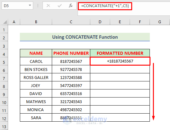 using CONCATENATE Function to Add Country Code in Excel