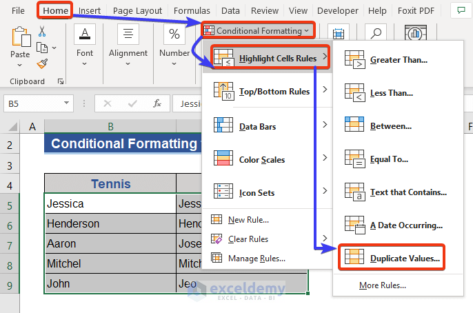 Apply Conditional Formatting to Highlight When 2 Cells Match