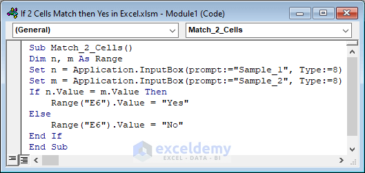 Excel VBA to Test 2 Cells and Print Yes When They Match
