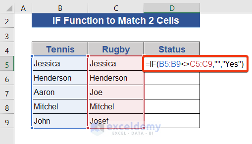 Use Excel IF Function to Return YES If 2 Cells Match
