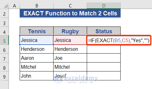 Insert Excel EXACT Function to Match 2 Cells and Return YES
