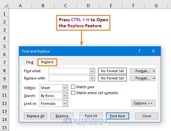 Keyboard Shortcut of the Excel Find and Replace Feature