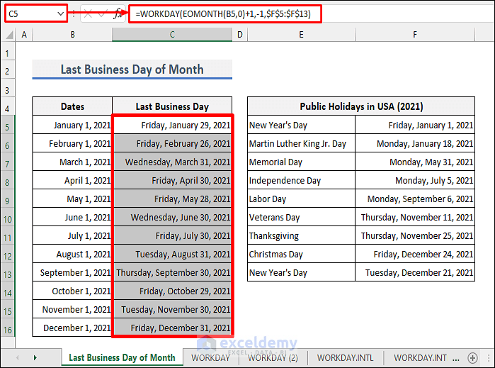 Last Business Day of the Month in Excel