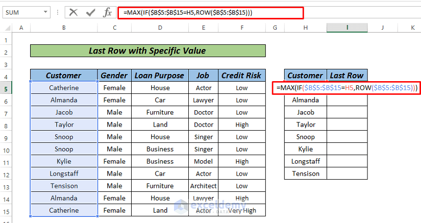 Last Row with Specific Value in excel Max function