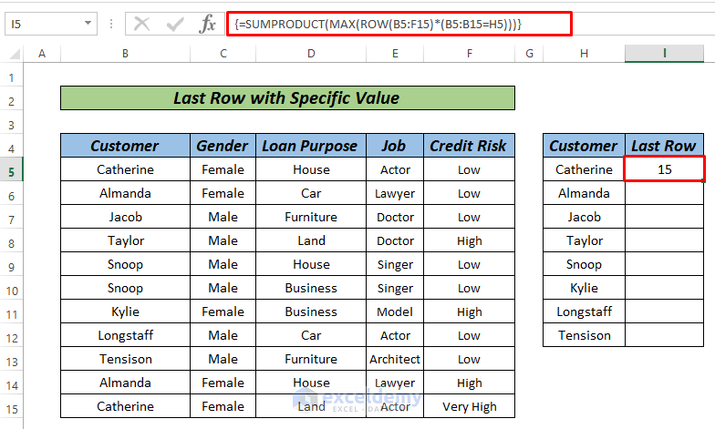 Last Row with Specific Value sumproduct function
