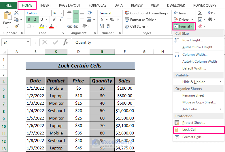 Lock Certain Cells in Excel using home tab