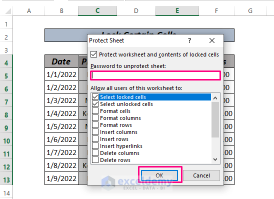 Lock Certain Cells in Excel review tab