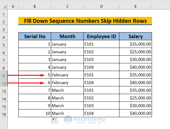 how to fill down sequence numbers skip hidden rows in excel