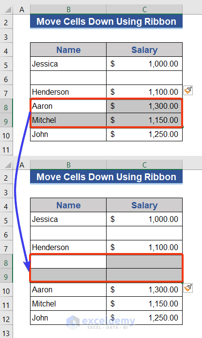 Use Ribbon Options to Move Cells Down