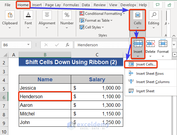 Ribbon Shortcut to Shift Cells Down in Excel