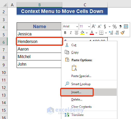 Context Menu to Move Cells Down in Excel