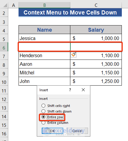 Context Menu to Move Cells Down in Excel
