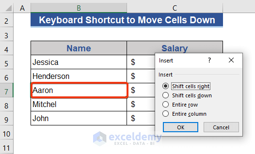 Keyboard Shortcut to Move a Cells Down