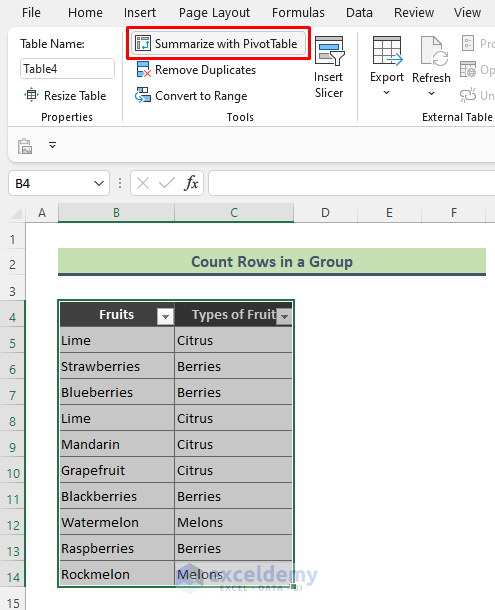 Insert Excel Pivot Table to Count Rows in Group