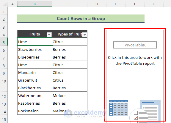 Insert Excel Pivot Table to Count Rows in Group