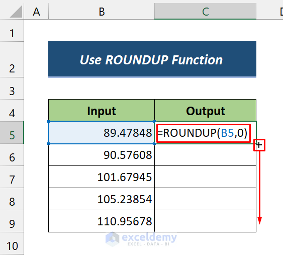 Remove Decimals Using ROUNDUP Function in Formula Bar