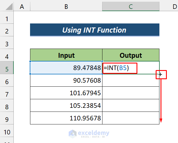 Remove Digits after Decimal with INT Function in Formula Bar