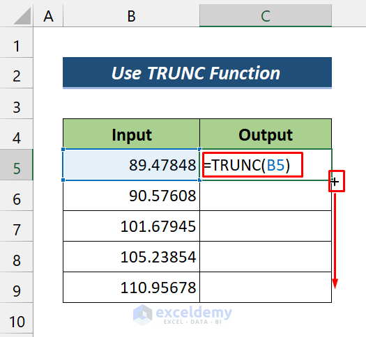 Remove Digits after Decimal with TRUNC Function in Excel Formula Bar