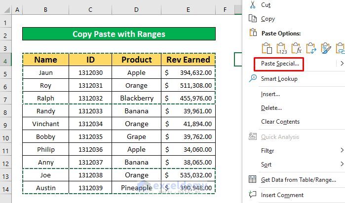 Apply the Paste Special Feature to Fix Right Click Copy and Paste Not Working in Excel