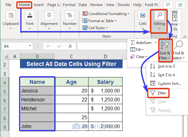 Select Data Cells of Column Using Filter Command