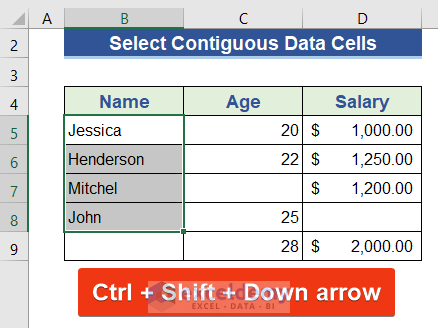 Excel Keyboard Shortcut to Choose Contiguous Data Cells
