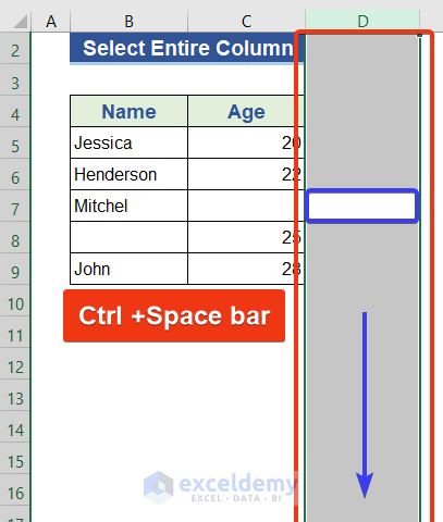 Select All Cells of a Column in Excel