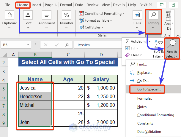 Select All Cells with Data from a Column Using Go To Special Command