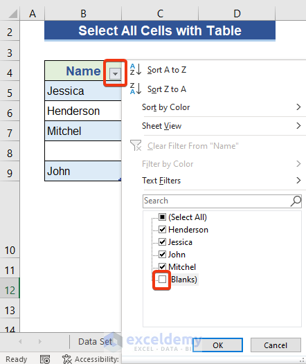 Use Excel Table Feature to Select All Cells with Data