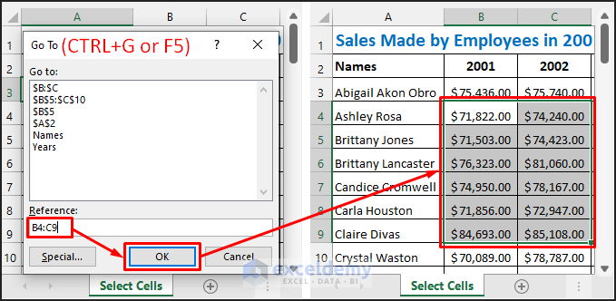 Select a Range of Cells in Excel with the Go To Command