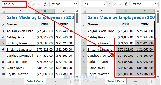 Select a Range of Cells in Excel using the Name Box