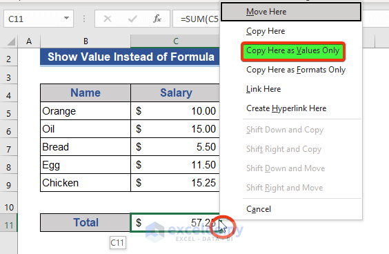 Right Button of Mouse to Display Just Value in Excel