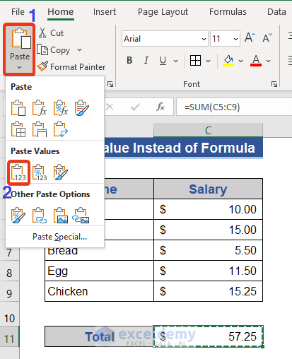 Paste Values Option from Ribbon to Show Value Instead of Formula in Excel