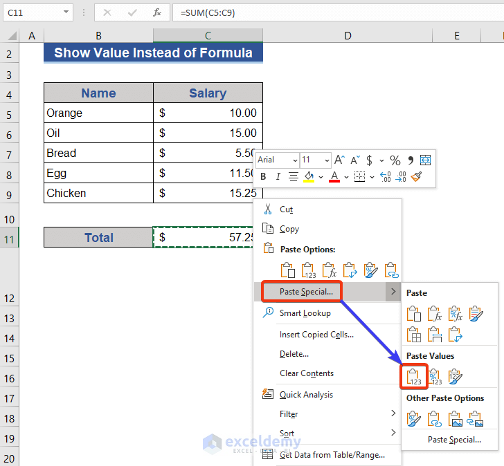 Paste Special from Context Menu to Display Values without Excel formula