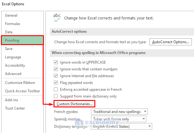 Turn On Custom Dictionary Option If Spell Check Is Not Working in Excel