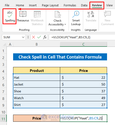 Excel Cannot Check Spell in Cell That Contains Formula