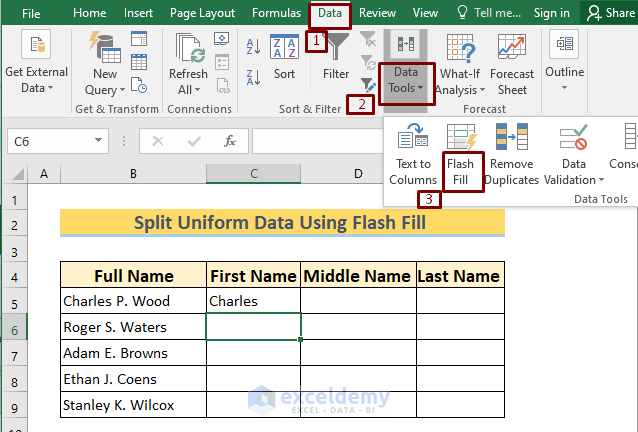 Split Uniform Data in Excel Using Flash Fill Feature