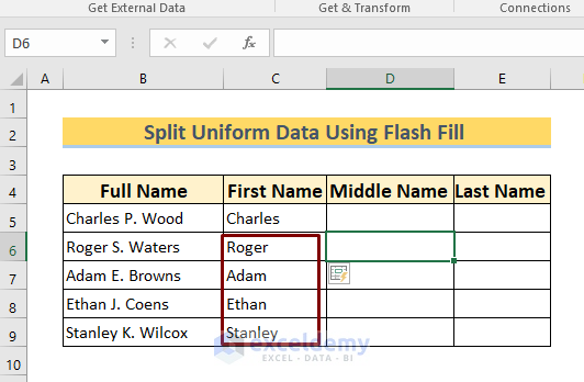 Split Uniform Data in Excel Using Flash Fill Feature