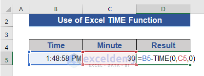 Excel TIME Function for Subtraction of Time