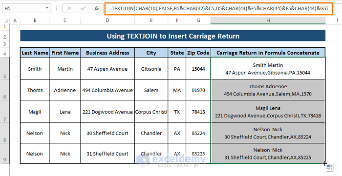 Textjoin Result-Carriage Return in Excel Formula to Concatenate